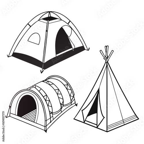 Three camping shelter outlines tent dome tent