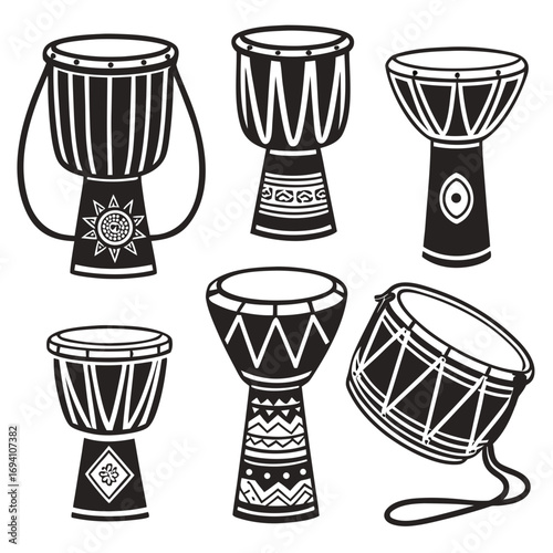 Tribal drums collection percussion instruments djembe