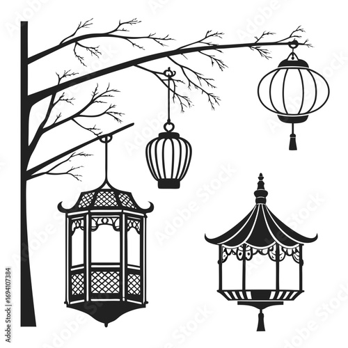 Tree branch with hanging lanterns and gazebos silhouette