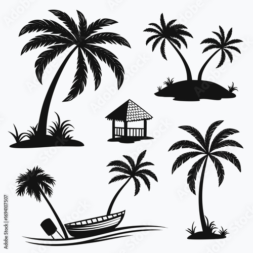 Tropical island scene silhouettes palm trees hut boat
