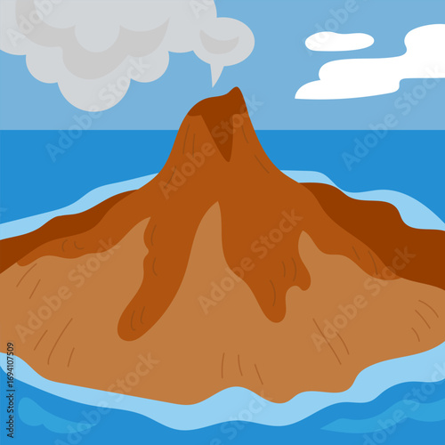 Flat vector square background of volcano in the middle of the sea with gray smoke. Colorful illustration for geography or earth science themed projects.