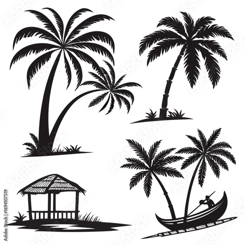 Tropical island scenes palm trees hut boat silhouette