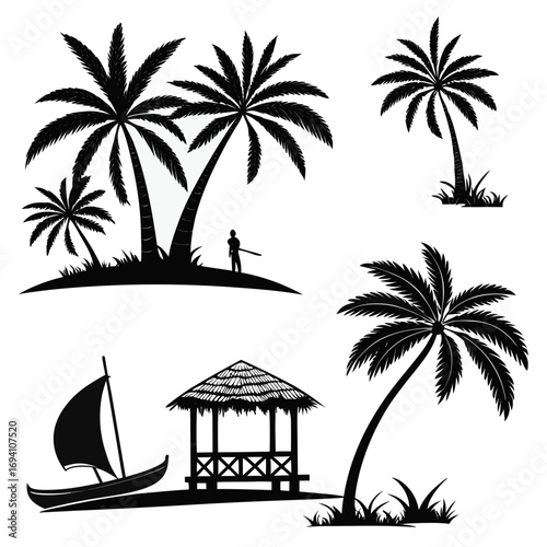Tropical island scene silhouettes palm trees boat hut
