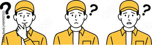 Three men wearing yellow uniforms and caps showing confusion with question marks above their heads