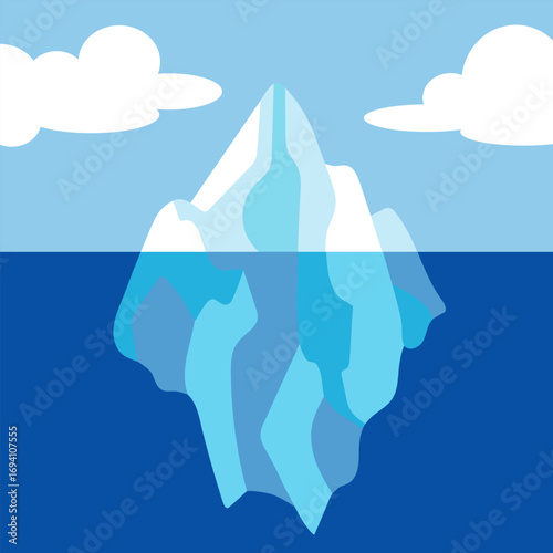 Blue-toned flat background with an iceberg above and below the water. Simple and clean design for nature, science or climate visuals