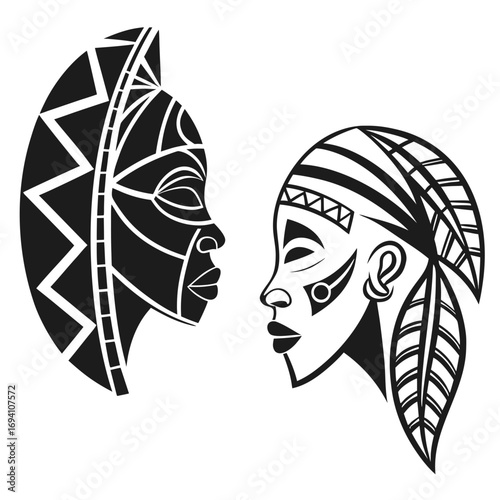 Two african tribal masks facing each other black and white