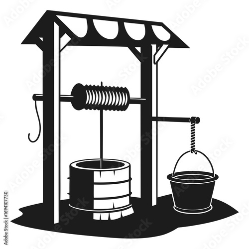 Village well with bucket and wooden barrel water bucket