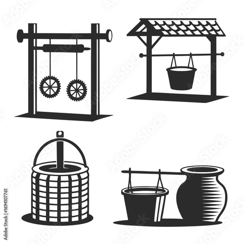 Village wells and water jars silhouettes bucket