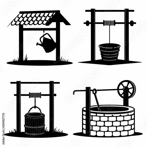 Village wells water collection devices water jar silhouette