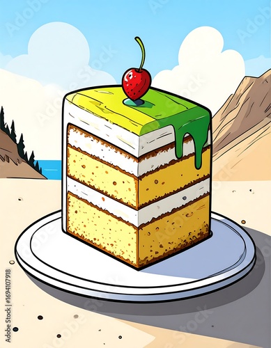 Colorful cake slice on a plate, desert scene