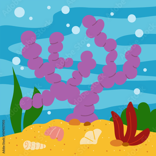 Square underwater background with purple corals and sea bottom. Vector flat illustration for ocean animals or aquarium scenes. Bright colors and cartoon design