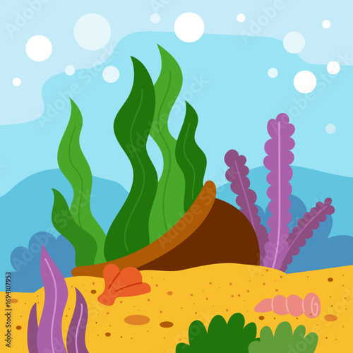 Underwater landscape with vase and seaweed on the ocean floor in flat vector style. Color cartoon square background about marine life