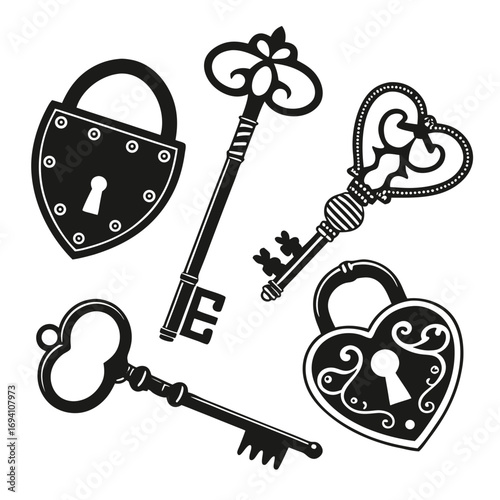 Vintage locks and keys collection antique silhouette