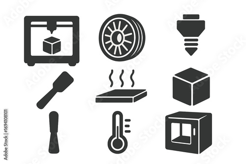 3D printing essentials silhouette icon set. Vector glyphs of printer, filament, nozzle, spatula, heatbed, cube, and enclosure. Additive manufacturing technology symbols.