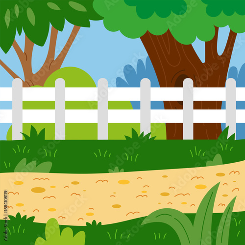 Flat vector square background of road and white fence with trees. Color illustration for rural and farm themed designs.