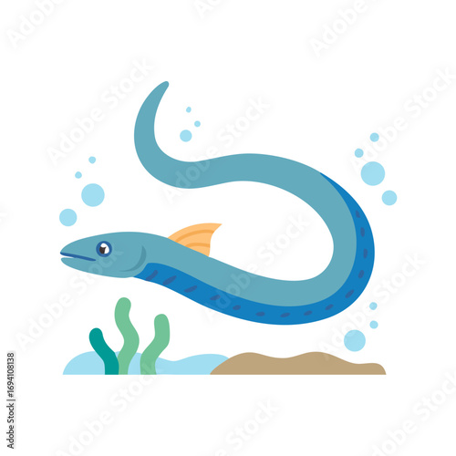 Eel swimming in clear water with bubbles and plants in a colorful aquatic illustration
