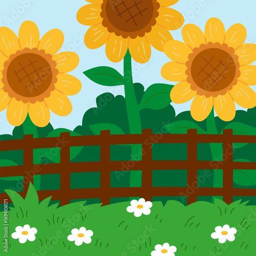 Three bright sunflowers behind a wooden fence on green field. Flat cartoon farm background designed for cute animals or children illustrations.