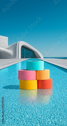Colorful cylinders stacked in water with modern architecture and blue sky in the background