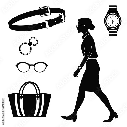 Woman walking with accessories silhouette fashion