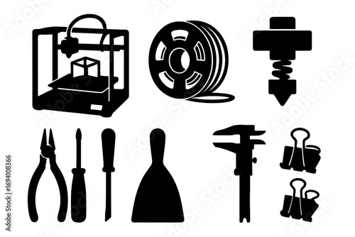 3D printing tools and accessories silhouette icon set. Vector illustration of a printer, filament, nozzle, and repair equipment for additive manufacturing and prototyping.