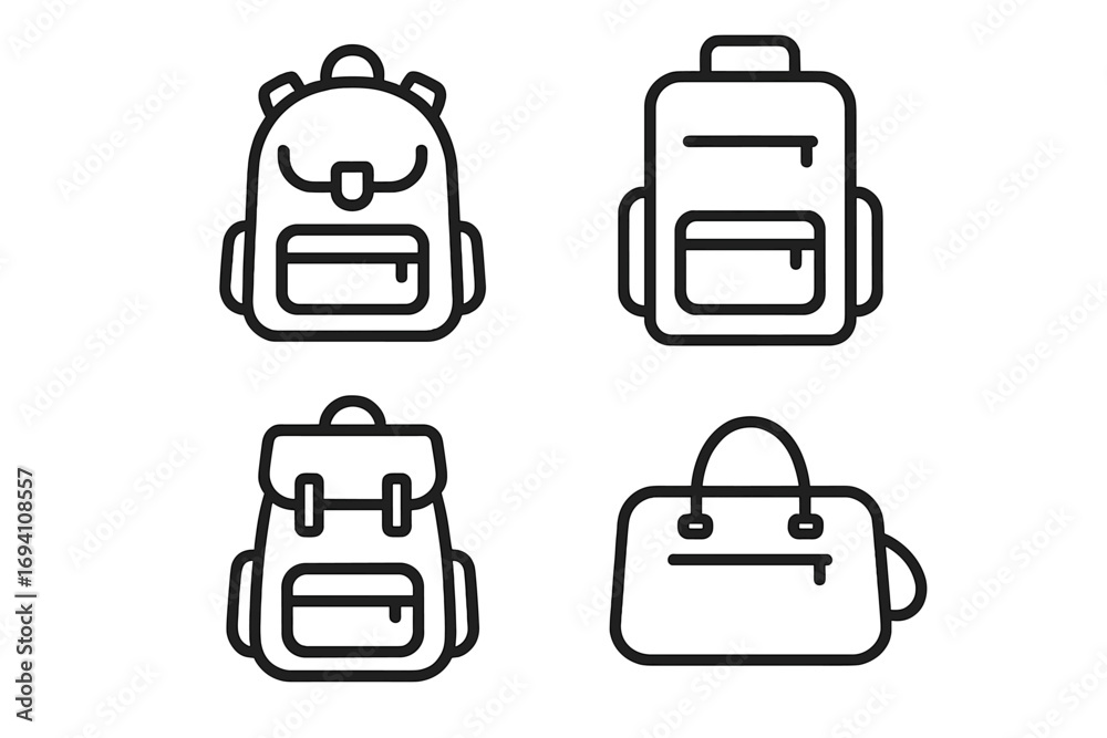 Backpack and bag line icon set. School, travel, and sport accessories collection. Simple outline rucksack, luggage, and handbag symbols for web and app design. Minimalist vector pictogram pack.