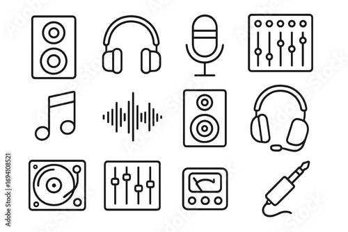 Music production and audio equipment linear icon set. Sound recording studio tools collection. Outline icons of microphone, headphones, DJ mixer, speaker, and sound wave.