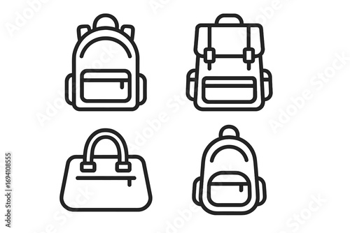 Backpack line icon set. School bag, rucksack and travel luggage collection. Vector outline pictogram of student knapsack, simple handbag and camping accessories symbols.