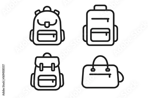 Backpack and bag line icon set. School, travel, and sport accessories collection. Simple outline rucksack, luggage, and handbag symbols for web and app design. Minimalist vector pictogram pack.