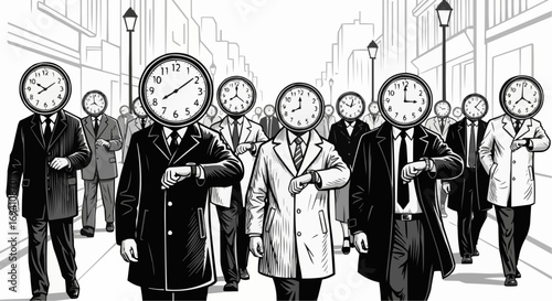 Vector art of a group of businessmen with clocks for heads walk down a city street, symbolizing the pressure of time and the daily grind of corporate life