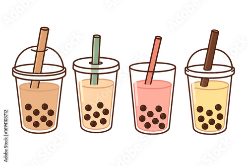 Vector cartoon illustration set of cute bubble tea cups. Collection of boba milk tea with tapioca pearls. Flat design kawaii drinks in various plastic cups with straws.