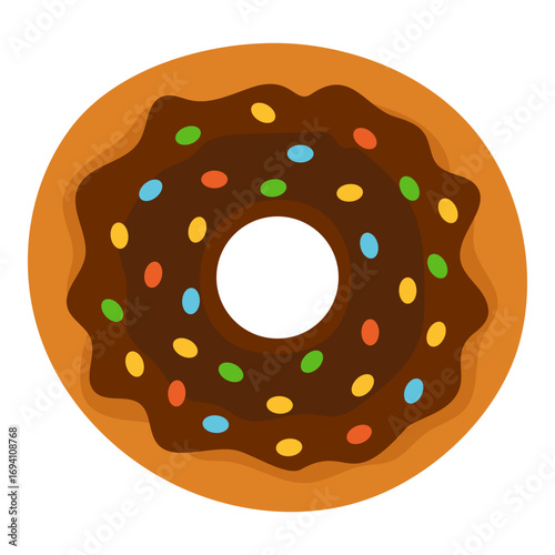 Donut with chocolate topping and sprinkles. Vector illustration of dessert in flat style with shadows and highlights. Isolated image on white background for menus and designs