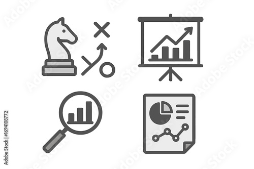 Business strategy and data analytics icon set. Vector symbols for marketing analysis, financial growth, and planning concepts. Includes chart, graph, report, and chess piece.