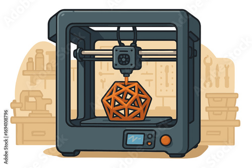 3D printer creating a geometric shape in a workshop. Vector illustration of modern manufacturing technology, rapid prototyping, and additive fabrication. Innovation in engineering.