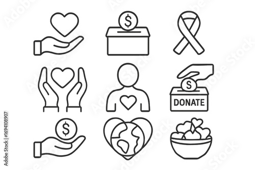 Charity donation line icon set. Essential giving, fundraising symbols collection. Volunteer, help, care, love concept. Money donation, support, philanthropy vector icons.