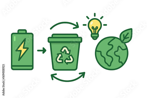 Battery recycling process concept. E-waste for sustainability and energy conservation. Environmental impact of accumulator recycling. Green energy, ecology vector cartoon.