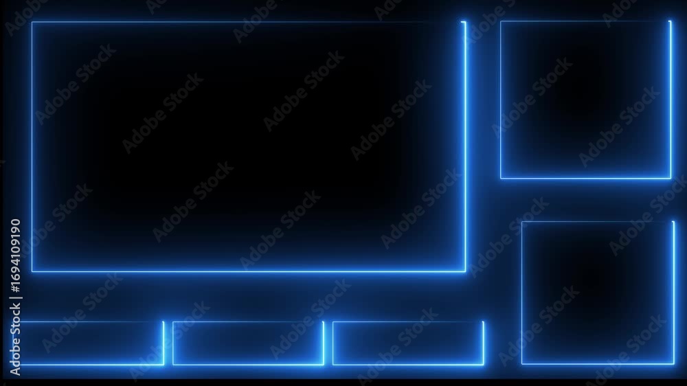 Intermission Stream Overlay Animated, Neon Sign looping facecam and chat for live streaming ,Frame border HUD element. HUD viewfinder. Intermission Stream Overlay Animation. blue color neon box..
