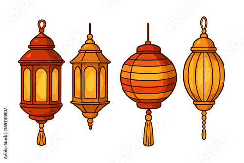 Set of decorative lanterns for Ramadan Kareem, Eid Mubarak, Diwali. Collection of Arabic and Chinese lamps. Festive hanging lights for celebration. Vector cartoon illustration.