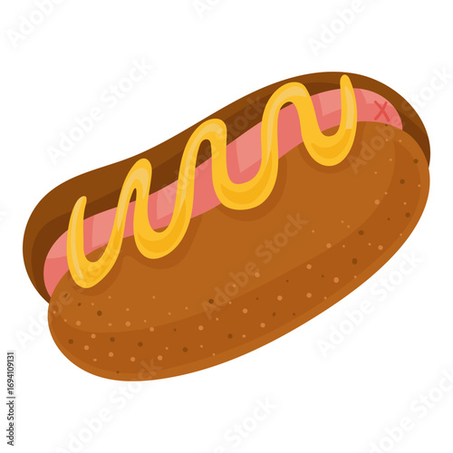 Cartoon hotdog with sausage and mustard in glossy bun. Fast food vector illustration in flat style. Isolated on white background for menus and designs