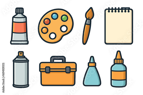 Art supplies vector icon set for creativity and hobbies. Includes paint tube, artist palette, brush, sketchbook, spray can, art case, and glue bottles. Cartoon illustration.