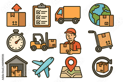 Logistics and delivery icon set. Shipping and transportation process. Vector cartoon collection for e-commerce. Fast freight, worldwide cargo, courier service, warehouse storage.