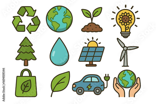 Environmental icon collection for sustainability and nature. Clean energy, recycling, and eco friendly concepts. Vector illustration of planet earth, solar power, and green tech.