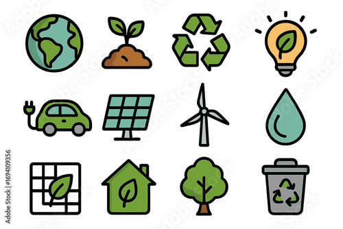 Environmental icon set. Green energy, ecology, and nature symbols collection. Sustainability and recycling signs. Vector illustration of earth, leaf, solar panel, and wind power.