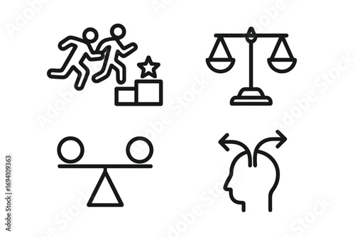 Competition and balance icon set. Icons for success, justice, comparison and choice. Minimalist line art. Race to podium, scales of justice, seesaw, and dilemma concept.