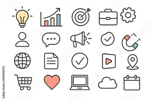 Business marketing vector icon set. Minimalist line icons for web, seo and social media. Symbols for strategy, growth, startup, idea, target, communication and e-commerce.