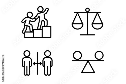 Teamwork, support icon for career growth. Balance scale for justice and law. Social distancing symbol. Comparison, equality concept. Minimalist line vector icon collection.