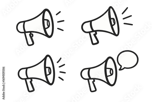 Megaphone vector icon set. Hand-drawn doodle collection of loudspeakers for announcement, communication, alert, and news. Cartoon bullhorn with speech bubble illustration.
