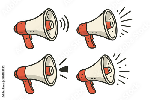 Hand-drawn megaphone doodle set. Loudspeaker vector illustration for communication, announcement, and protest concepts. Cartoon icons for news, alert, marketing and speech.