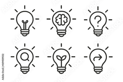 Light bulb icon set for innovation and ideas. Vector line art collection with symbols for creativity, brainstorming, problem-solving, research, growth, and progress. Minimalist.