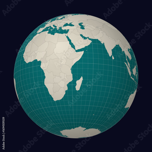 Comoros on the map. Globe centered to Comoros. Country location on the world map. Teal Pale Mint color palette. Globe with countries, meridians and parallels. Awesome vector illustration.