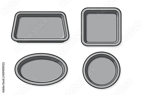 Metallic tray collection in various shapes for kitchen organization and serving. Vector illustration of empty steel plates. Round, oval, square, rectangular dishes set.